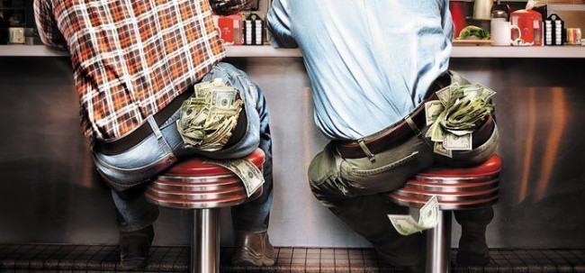 Two people sitting on stools at a diner with money bulging out of their back pockets.